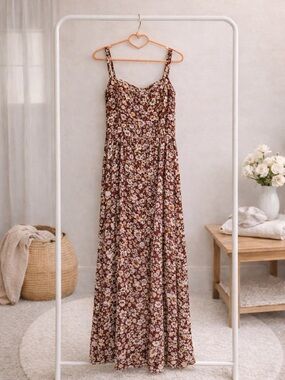 As U Wish Brown Floral Maxi Dress with Spaghetti Straps